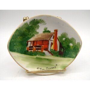 The Ozarks Plate Gold Trim Cabin Nature Decor w/ Gold Stand Vintage China 4.5x4"